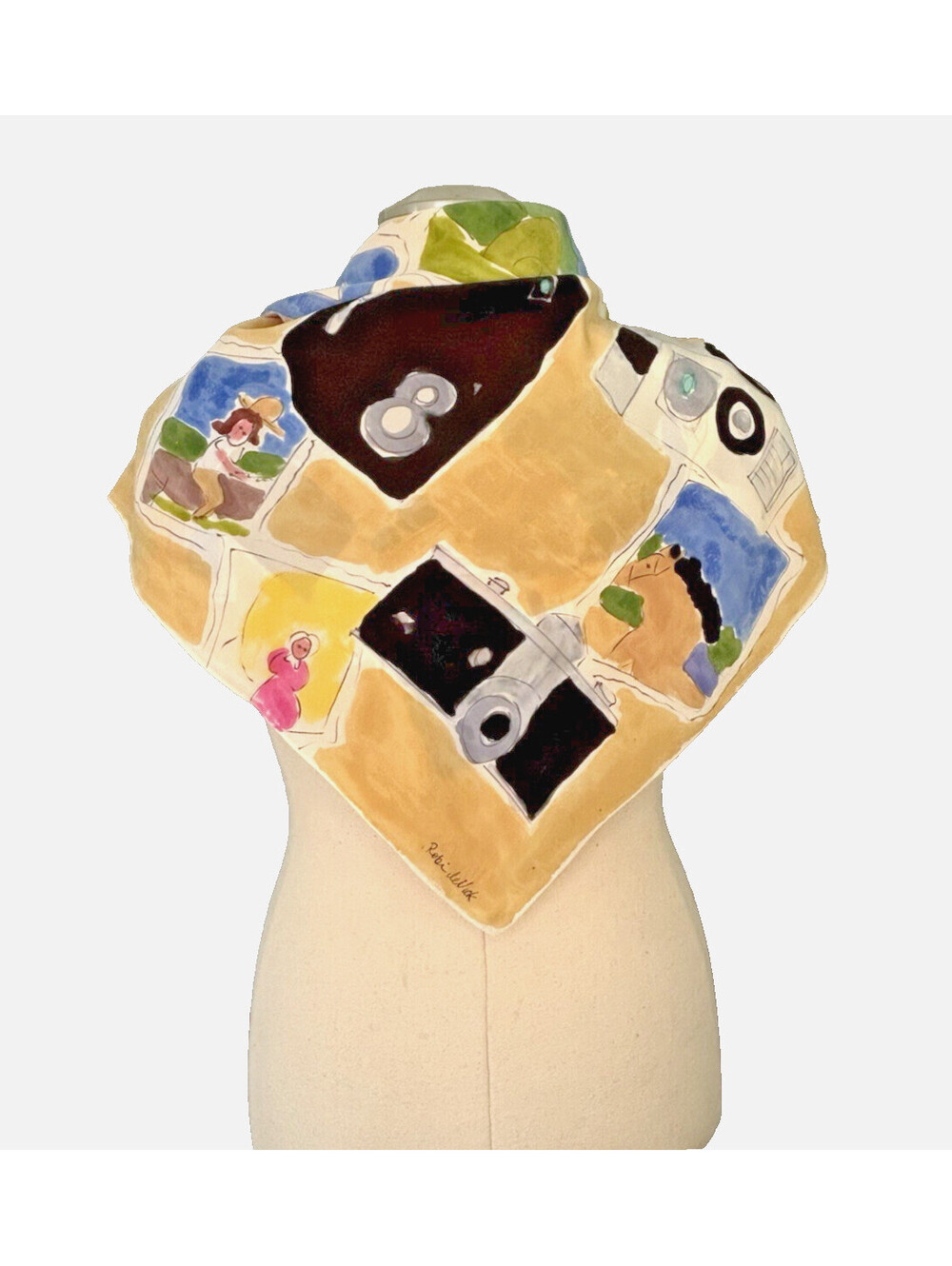 Vintage 1990's Robin DeVick Hand Painted Silk Scarf Cameras 34" Sq EUC